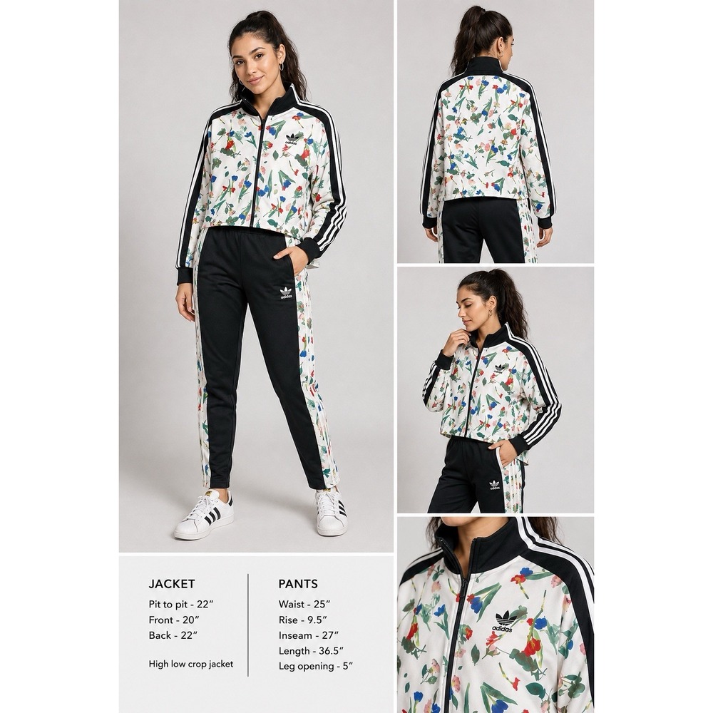 adidas Women's Floral Print Track Jacket and Pants - White, Black, Multicolor